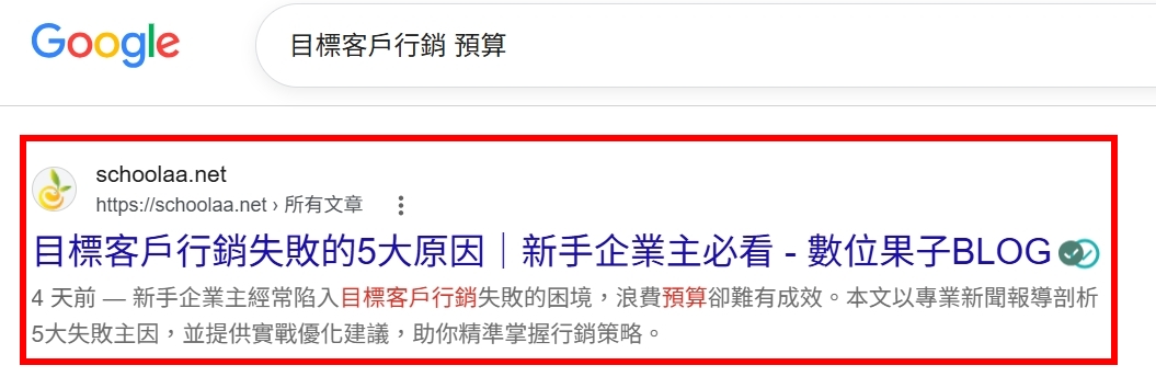 Google 搜尋關鍵字案例：目標客戶行銷 預算